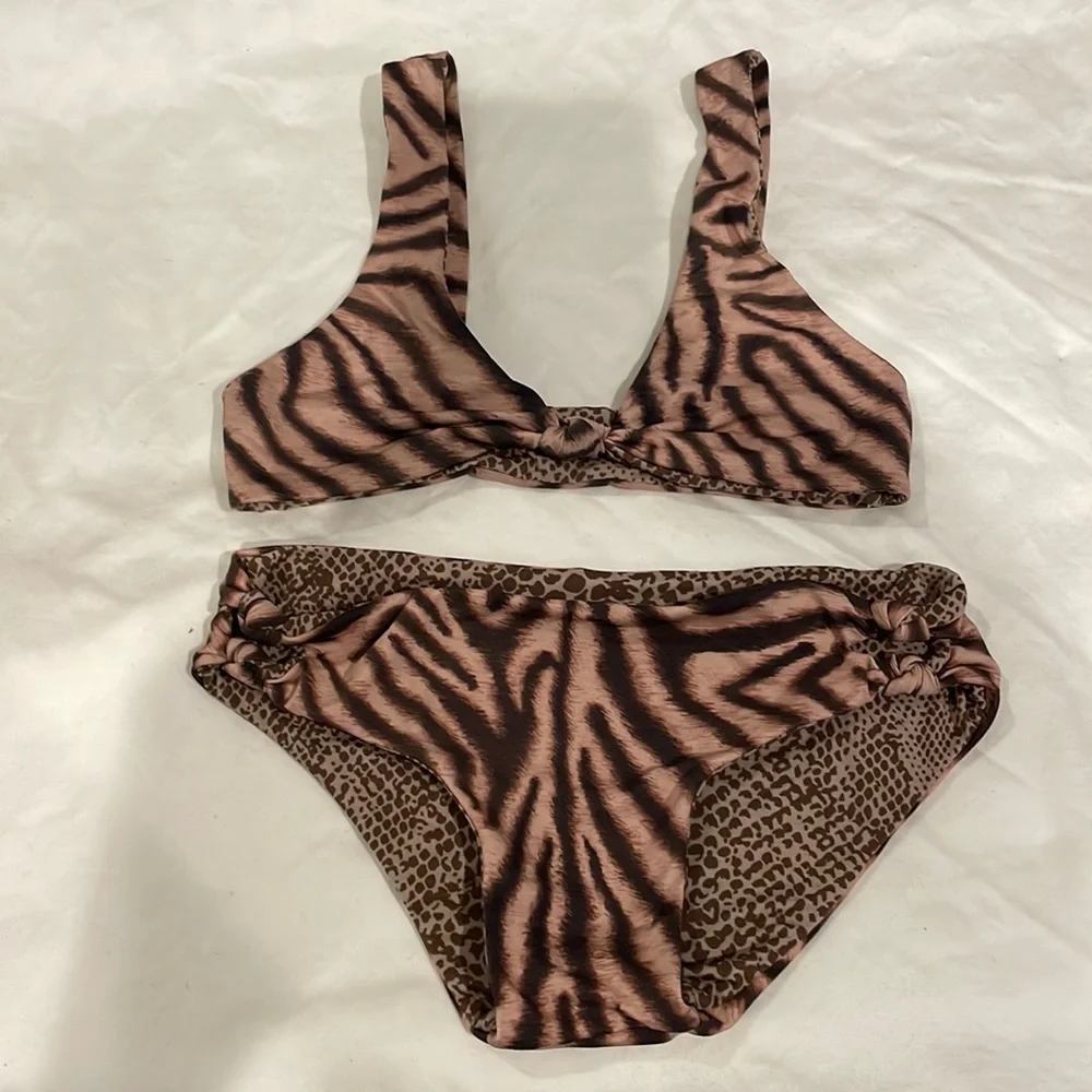 Acacia girls honey swimwear bikini tan and brown animal print size L - Picture 1 of 6